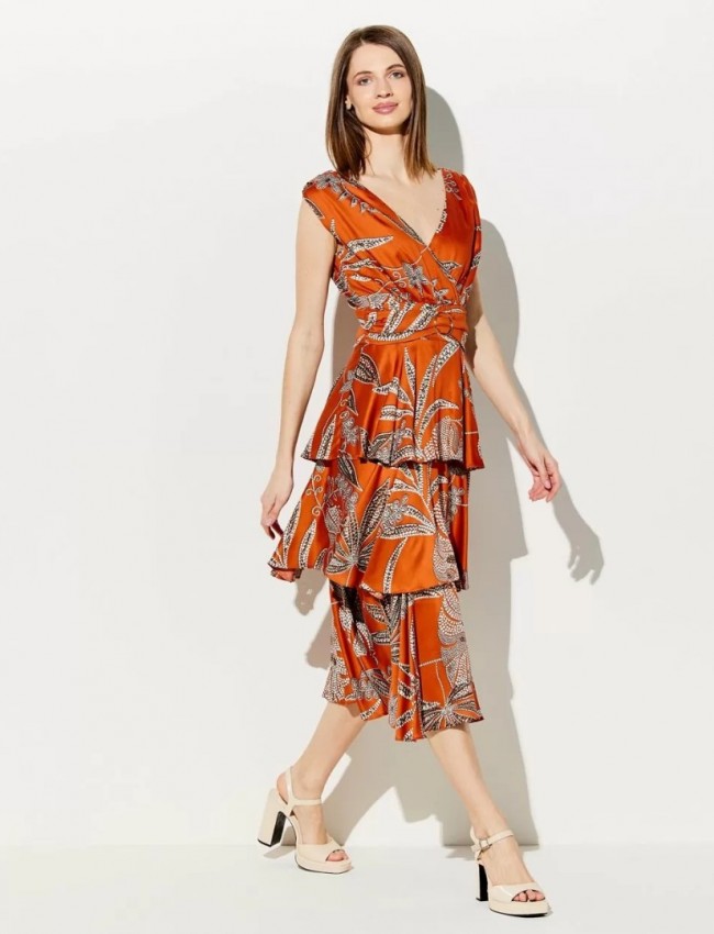 Floral printed εκάι αμάνικο midi κρουαζέ φόρεμα με βολάν σε επίπεδα,σε matte σατέν όψη και μικρές σούρες στην σταθερή μέση Forel