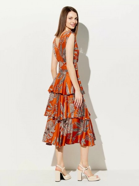 Floral printed εκάι αμάνικο midi κρουαζέ φόρεμα με βολάν σε επίπεδα,σε matte σατέν όψη και μικρές σούρες στην σταθερή μέση Forel