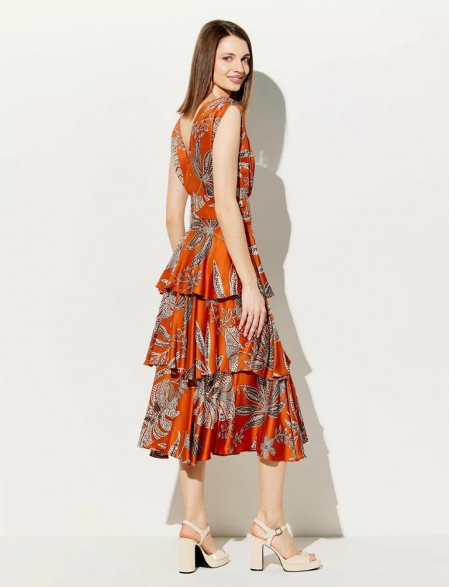Floral printed εκάι αμάνικο midi κρουαζέ φόρεμα με βολάν σε επίπεδα,σε matte σατέν όψη και μικρές σούρες στην σταθερή μέση Forel
