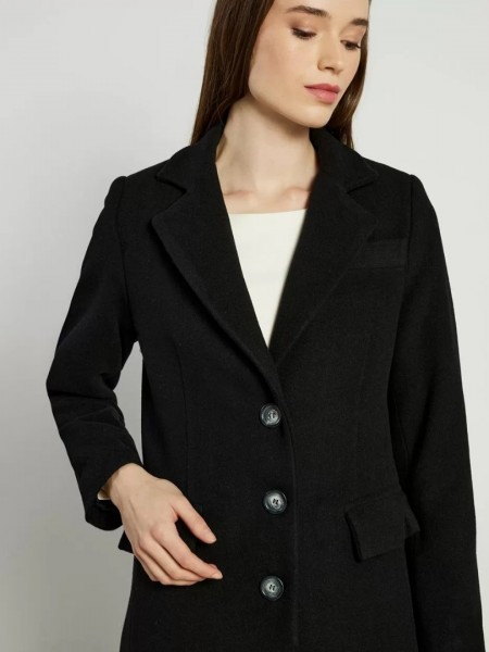 Μαύρο παλτό μεσάτο με μακρύ πέτο γιακά, μπροστινές καπακωτές τσέπες Forel