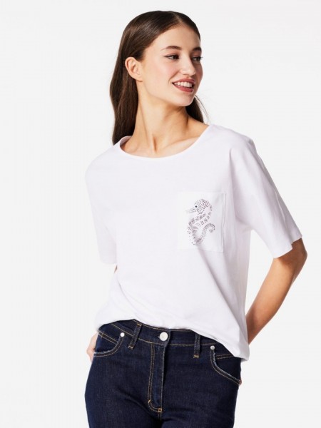 Λευκό κοντομάνικο oversized t-shirt με strass λεπτομέρεια στην τσέπη Forel