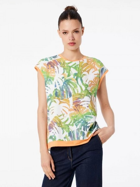 Floral printed λευκή κοντομάνικη λινή μπλούζα με στρογγυλή λαιμόκοψη και τρέσα πορτοκαλί στα τελειώματα Forel