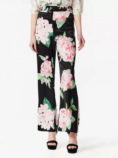 Floral printed μαύρη σατέν παντελόνα με λάστιχο στο πίσω μέρος και κορδόνι μπροστά Forel