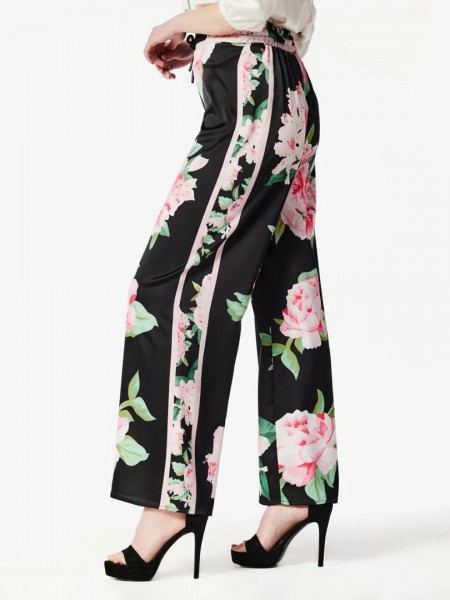 Floral printed μαύρη σατέν παντελόνα με λάστιχο στο πίσω μέρος και κορδόνι μπροστά Forel