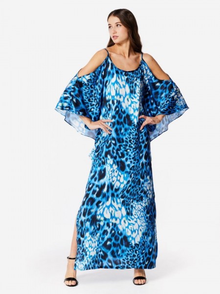 Animal printed μπλε μακρυμάνικο maxi καφτάνι με ιδιαίτερα μανίκια και λεπτές ρυθμιζόμενες τιράντες Forel