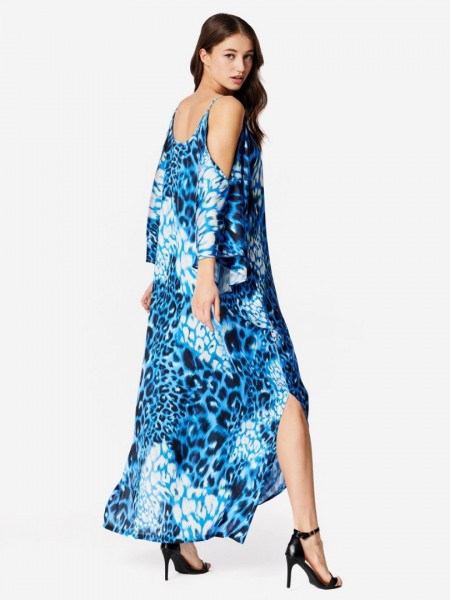 Animal printed μπλε μακρυμάνικο maxi καφτάνι με ιδιαίτερα μανίκια και λεπτές ρυθμιζόμενες τιράντες Forel