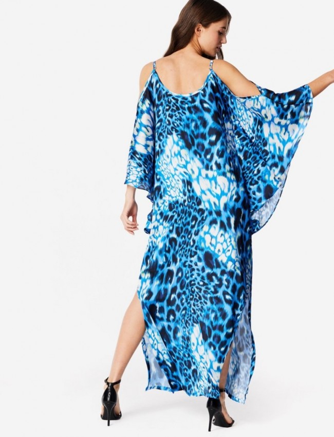 Animal printed μπλε μακρυμάνικο maxi καφτάνι με ιδιαίτερα μανίκια και λεπτές ρυθμιζόμενες τιράντες Forel