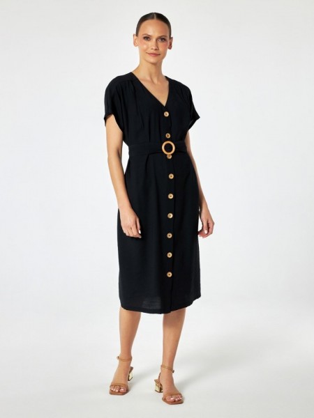 Μαύρο κοντομάνικο shirt look midi φόρεμα με αποσπώμενη υφασμάτινη ζώνη Forel