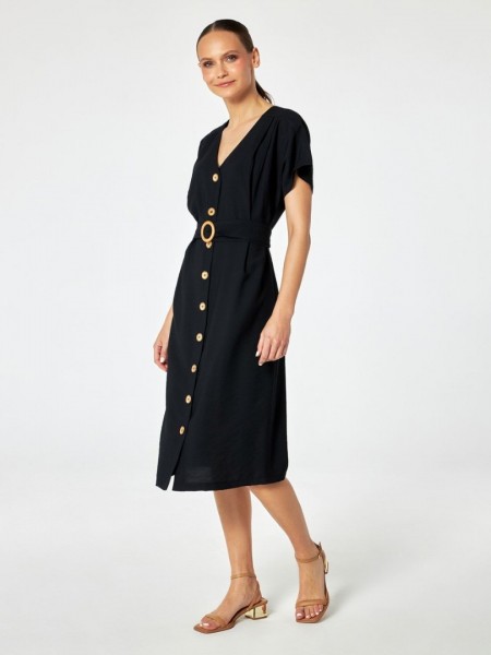Μαύρο κοντομάνικο shirt look midi φόρεμα με αποσπώμενη υφασμάτινη ζώνη Forel