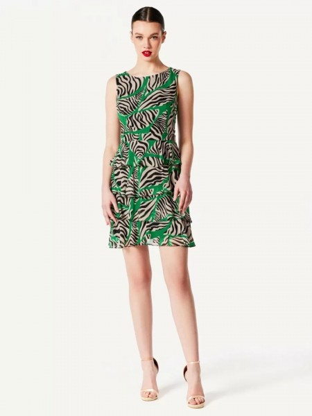 Animal printed μαύρο αμάνικο κοντό φόρεμα με βολάν σε επίπεδα Forel