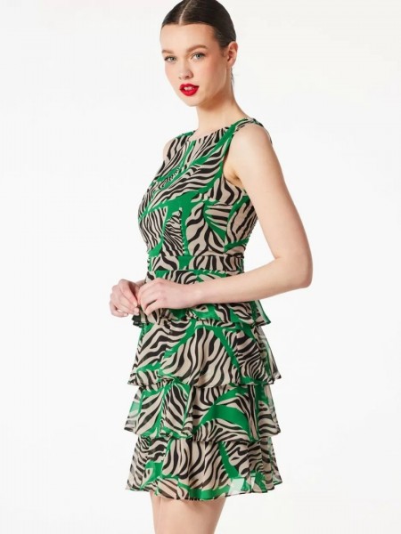 Animal printed μαύρο αμάνικο κοντό φόρεμα με βολάν σε επίπεδα Forel