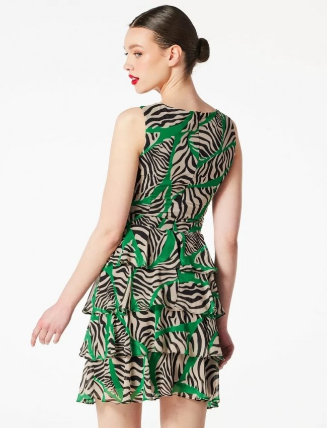 Animal printed μαύρο αμάνικο κοντό φόρεμα με βολάν σε επίπεδα Forel