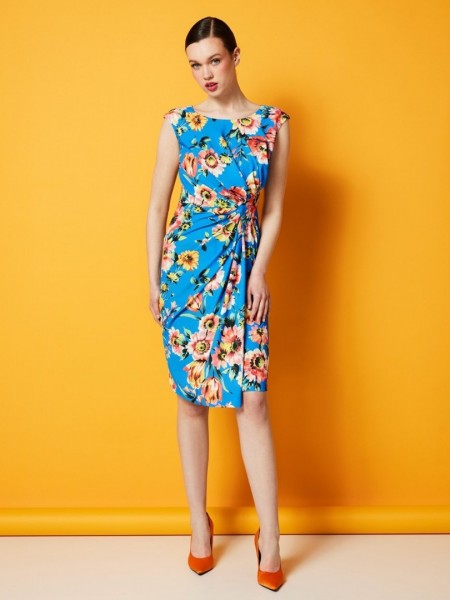 Floral printed γαλάζιο αμάνικο midi φόρεμα με στρογγυλή λαιμόκοψη και σούρες στο μπροστά μέρος Forel by Vassilis Zoulias
