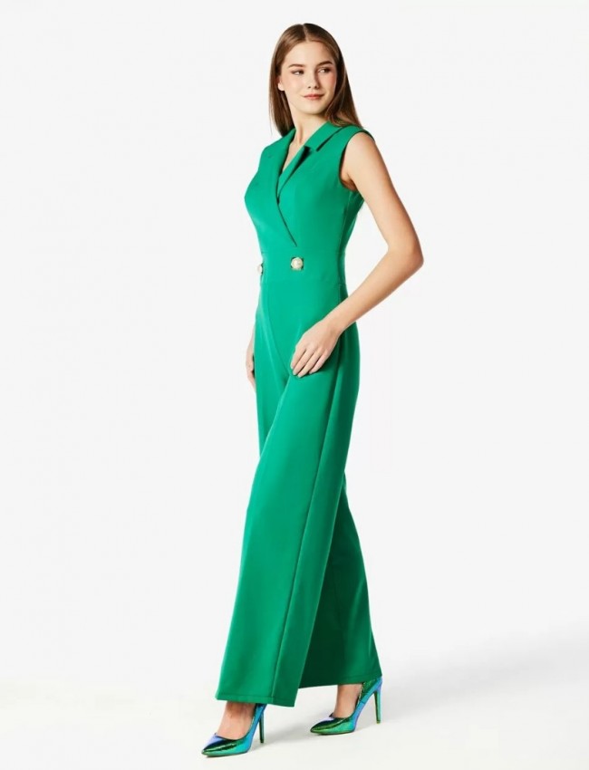 Πράσινη αμάνικη ολόσωμη φόρμα με διακοσμητικές πέρλες μπροστά και κλείσιμο με φερμουάρ Forel
