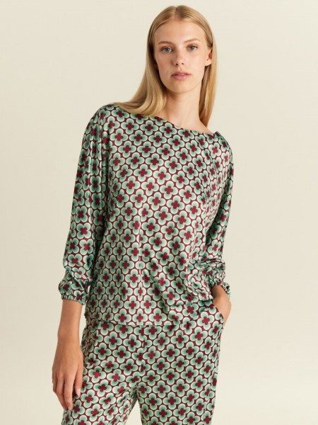 Floral printed μέντα-ταμπά σατέν μακρυμάνικη μπλούζα σε τετράγωνη γραμμή, με χαμόγελο λαιμόκοψη και balloon μανίκια Forel