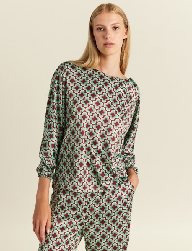 Floral printed μέντα-ταμπά σατέν μακρυμάνικη μπλούζα σε τετράγωνη γραμμή, με χαμόγελο λαιμόκοψη και balloon μανίκια Forel