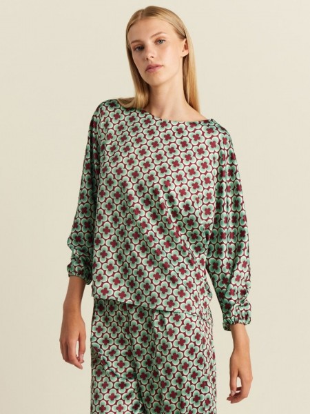 Floral printed μέντα-ταμπά σατέν μακρυμάνικη μπλούζα σε τετράγωνη γραμμή, με χαμόγελο λαιμόκοψη και balloon μανίκια Forel