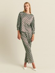 Floral printed μέντα-ταμπά σατέν μακρυμάνικη μπλούζα σε τετράγωνη γραμμή, με χαμόγελο λαιμόκοψη και balloon μανίκια Forel