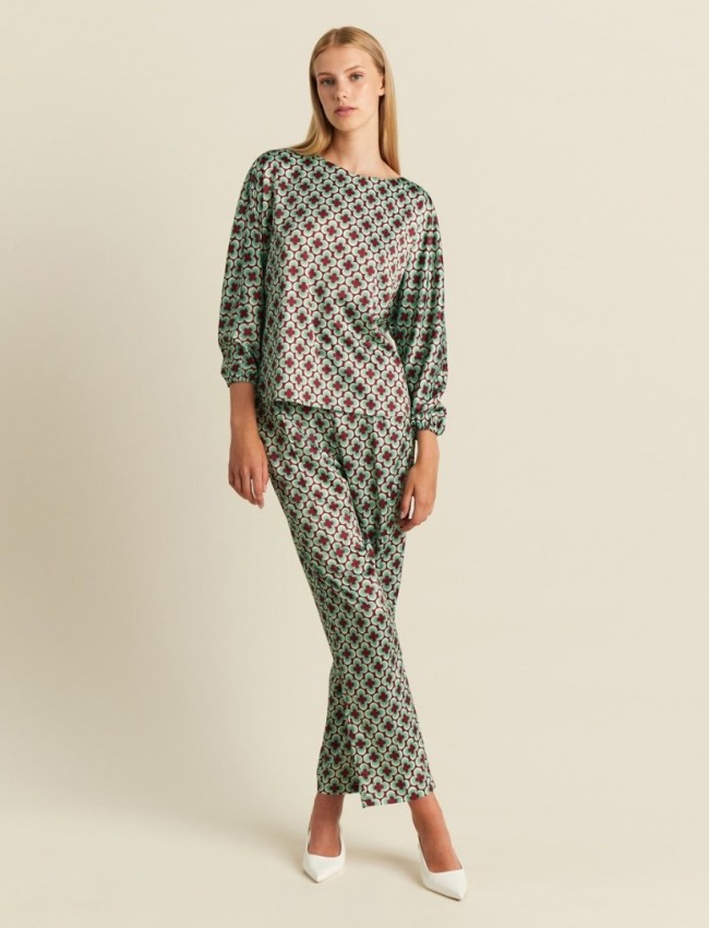 Floral printed μέντα-ταμπά σατέν μακρυμάνικη μπλούζα σε τετράγωνη γραμμή, με χαμόγελο λαιμόκοψη και balloon μανίκια Forel
