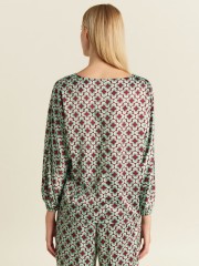 Floral printed μέντα-ταμπά σατέν μακρυμάνικη μπλούζα σε τετράγωνη γραμμή, με χαμόγελο λαιμόκοψη και balloon μανίκια Forel