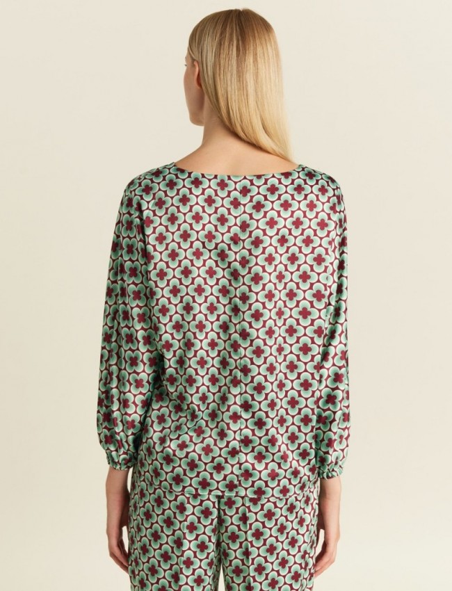 Floral printed μέντα-ταμπά σατέν μακρυμάνικη μπλούζα σε τετράγωνη γραμμή, με χαμόγελο λαιμόκοψη και balloon μανίκια Forel
