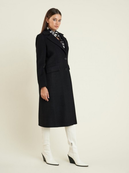 Μαύρο μάλλινο midi παλτό σε ίσια γραμμή, κλείσιμο με διπλό κουμπί μπροστά και μπροστινές καπακωτές τσέπες Forel 