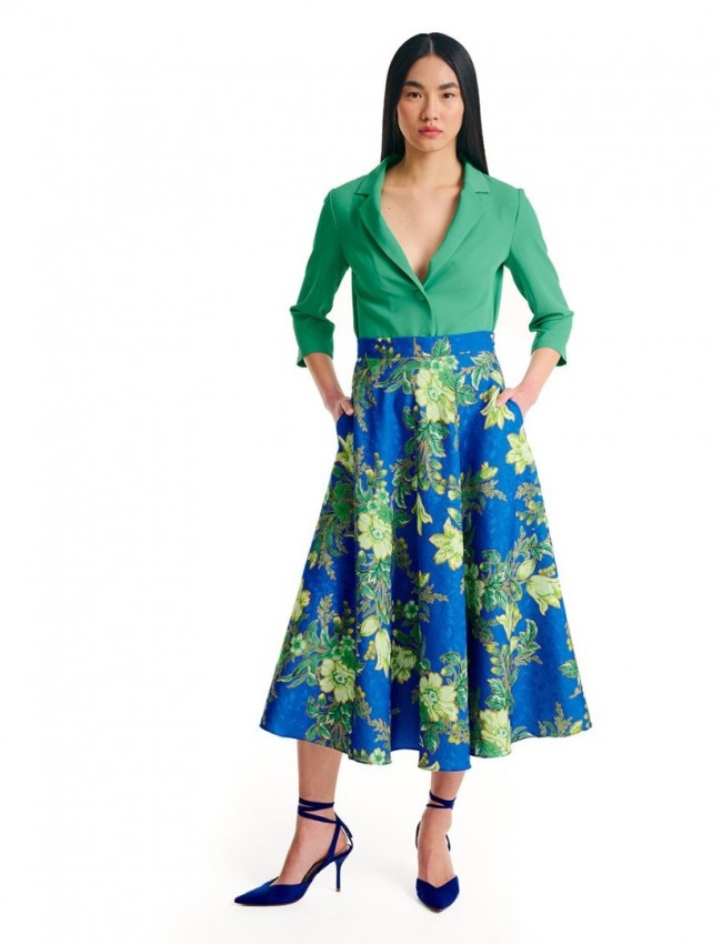 Floral printed μπλε ρουά midi φούστα σε κλος γραμμή, σταθερή μέση και πλαϊνές τσέπες Forel 
