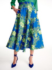 Floral printed μπλε ρουά midi φούστα σε κλος γραμμή, σταθερή μέση και πλαϊνές τσέπες Forel 