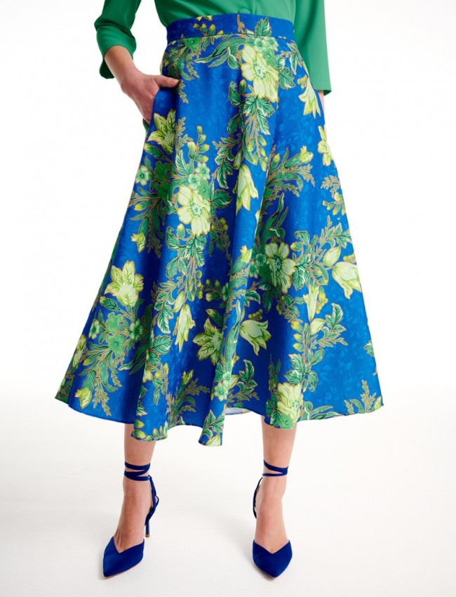 Floral printed μπλε ρουά midi φούστα σε κλος γραμμή, σταθερή μέση και πλαϊνές τσέπες Forel 