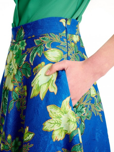 Floral printed μπλε ρουά midi φούστα σε κλος γραμμή, σταθερή μέση και πλαϊνές τσέπες Forel 