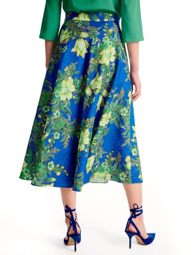 Floral printed μπλε ρουά midi φούστα σε κλος γραμμή, σταθερή μέση και πλαϊνές τσέπες Forel 