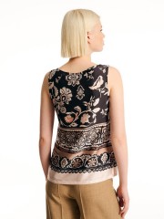 Floral printed μαύρη σατέν αμάνικη μπλούζα σε ίσια  γραμμή, με συνδυασμό print και ανοιχτή λαιμόκοψη Forel
