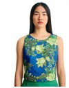 Floral printed μπλε ρουά cropped αμάνικη μπλούζα σε τετράγωνη γραμμή, ανοιχτή στρογγυλή λαιμόκοψη και κλείσιμο με χρυσό εξωτερικό φερμουάρ στην πλάτη Forel 