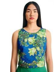 Floral printed μπλε ρουά cropped αμάνικη μπλούζα σε τετράγωνη γραμμή, ανοιχτή στρογγυλή λαιμόκοψη και κλείσιμο με χρυσό εξωτερικό φερμουάρ στην πλάτη Forel 