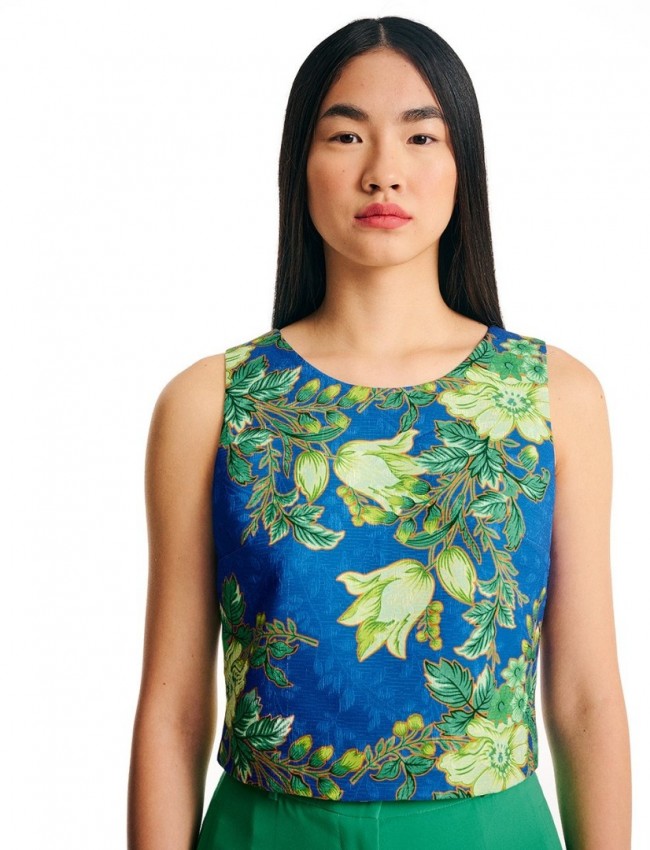 Floral printed μπλε ρουά cropped αμάνικη μπλούζα σε τετράγωνη γραμμή, ανοιχτή στρογγυλή λαιμόκοψη και κλείσιμο με χρυσό εξωτερικό φερμουάρ στην πλάτη Forel 