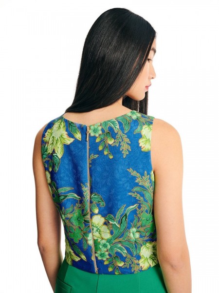 Floral printed μπλε ρουά cropped αμάνικη μπλούζα σε τετράγωνη γραμμή, ανοιχτή στρογγυλή λαιμόκοψη και κλείσιμο με χρυσό εξωτερικό φερμουάρ στην πλάτη Forel 