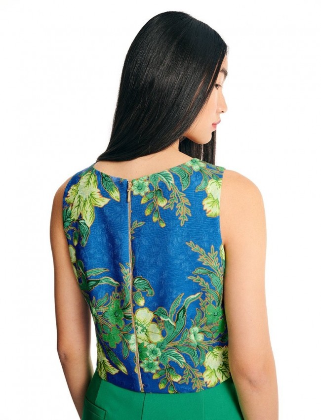Floral printed μπλε ρουά cropped αμάνικη μπλούζα σε τετράγωνη γραμμή, ανοιχτή στρογγυλή λαιμόκοψη και κλείσιμο με χρυσό εξωτερικό φερμουάρ στην πλάτη Forel 