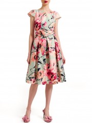 Floral printed μέντα κοντομάνικο midi φόρεμα με πιέτες, πλαϊνές κρυφές τσέπες, χαμόγελο λαιμόκοψη και αποσπώμενη λεπτή ζώνη Forel