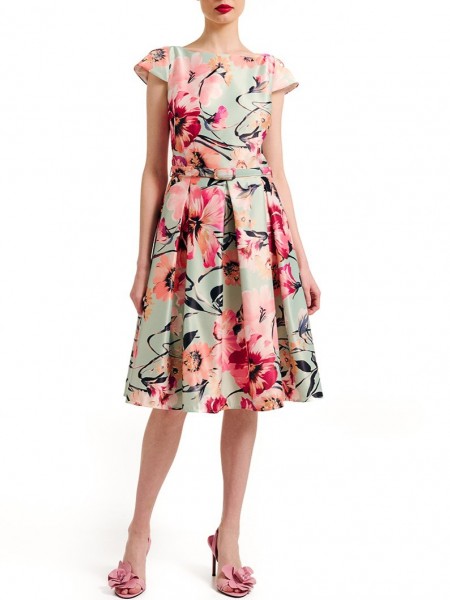 Floral printed μέντα κοντομάνικο midi φόρεμα με πιέτες, πλαϊνές κρυφές τσέπες, χαμόγελο λαιμόκοψη και αποσπώμενη λεπτή ζώνη Forel