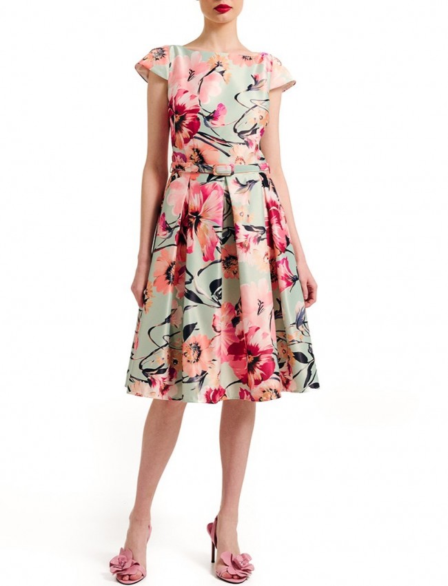Floral printed μέντα κοντομάνικο midi φόρεμα με πιέτες, πλαϊνές κρυφές τσέπες, χαμόγελο λαιμόκοψη και αποσπώμενη λεπτή ζώνη Forel