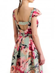 Floral printed μέντα κοντομάνικο midi φόρεμα με πιέτες, πλαϊνές κρυφές τσέπες, χαμόγελο λαιμόκοψη και αποσπώμενη λεπτή ζώνη Forel