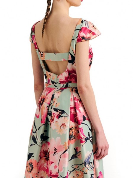Floral printed μέντα κοντομάνικο midi φόρεμα με πιέτες, πλαϊνές κρυφές τσέπες, χαμόγελο λαιμόκοψη και αποσπώμενη λεπτή ζώνη Forel