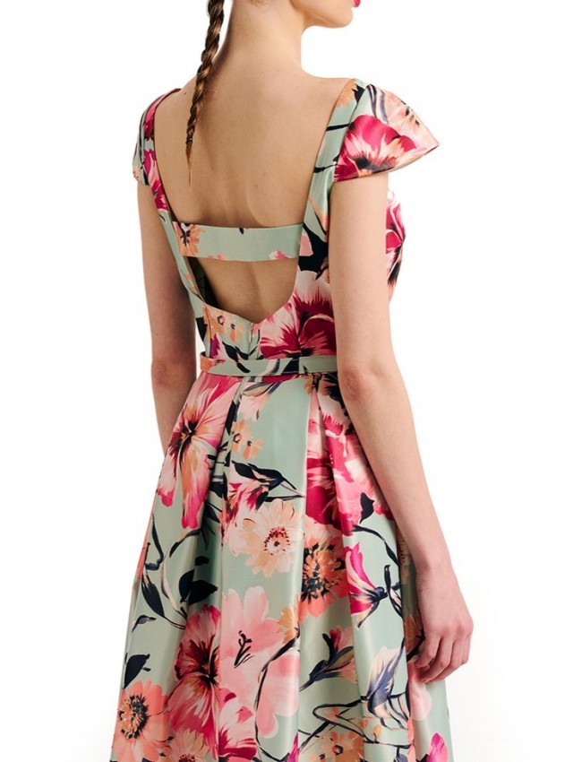 Floral printed μέντα κοντομάνικο midi φόρεμα με πιέτες, πλαϊνές κρυφές τσέπες, χαμόγελο λαιμόκοψη και αποσπώμενη λεπτή ζώνη Forel