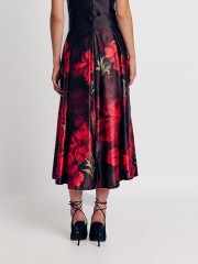 Floral μαύρη ψηλόμεση midi φούστα, με πιέτες, σταθερό ζωνάκι στην μέση και κλείσιμο με κρυφό φερμουάρ πίσω Forel  