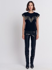 Μαύρο faux-leather παντελόνι αστραγάλου σε ίσια γραμμή, ψεύτικες πλαϊνές τσέπες και κλείσιμο μ κρυφό φερμουάρ και κουμπί μπροστά Forel 