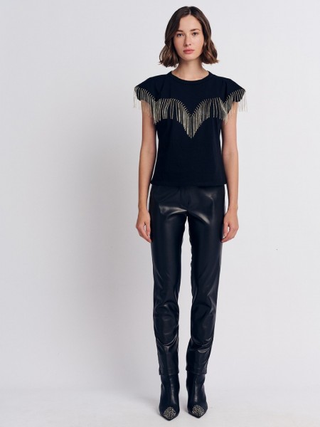 Μαύρο faux-leather παντελόνι αστραγάλου σε ίσια γραμμή, ψεύτικες πλαϊνές τσέπες και κλείσιμο μ κρυφό φερμουάρ και κουμπί μπροστά Forel 
