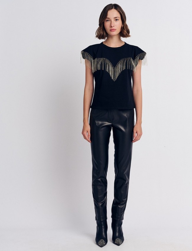 Μαύρο faux-leather παντελόνι αστραγάλου σε ίσια γραμμή, ψεύτικες πλαϊνές τσέπες και κλείσιμο μ κρυφό φερμουάρ και κουμπί μπροστά Forel 