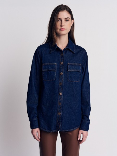 Blue jean μακρυμάνικο πουκάμισο, με διακοσμητικά ταμπά γαζιά, τετράγωνες τσέπες με πατιλέτες και κλείσιμο με κουμπιά μπροστά Forel 