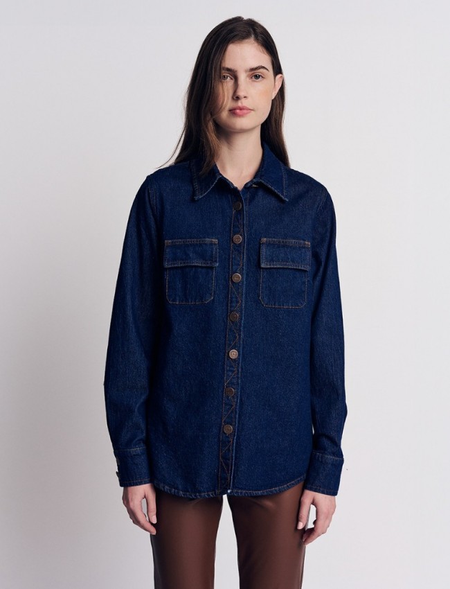 Blue jean μακρυμάνικο πουκάμισο, με διακοσμητικά ταμπά γαζιά, τετράγωνες τσέπες με πατιλέτες και κλείσιμο με κουμπιά μπροστά Forel 