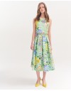 Floral printed πράσινη ψηλόμεση midi σατέν φούστα, με πιέτες, σταθερό ζωνάκι στην μέση και κλείσιμο με κρυφό φερμουάρ πίσω Forel